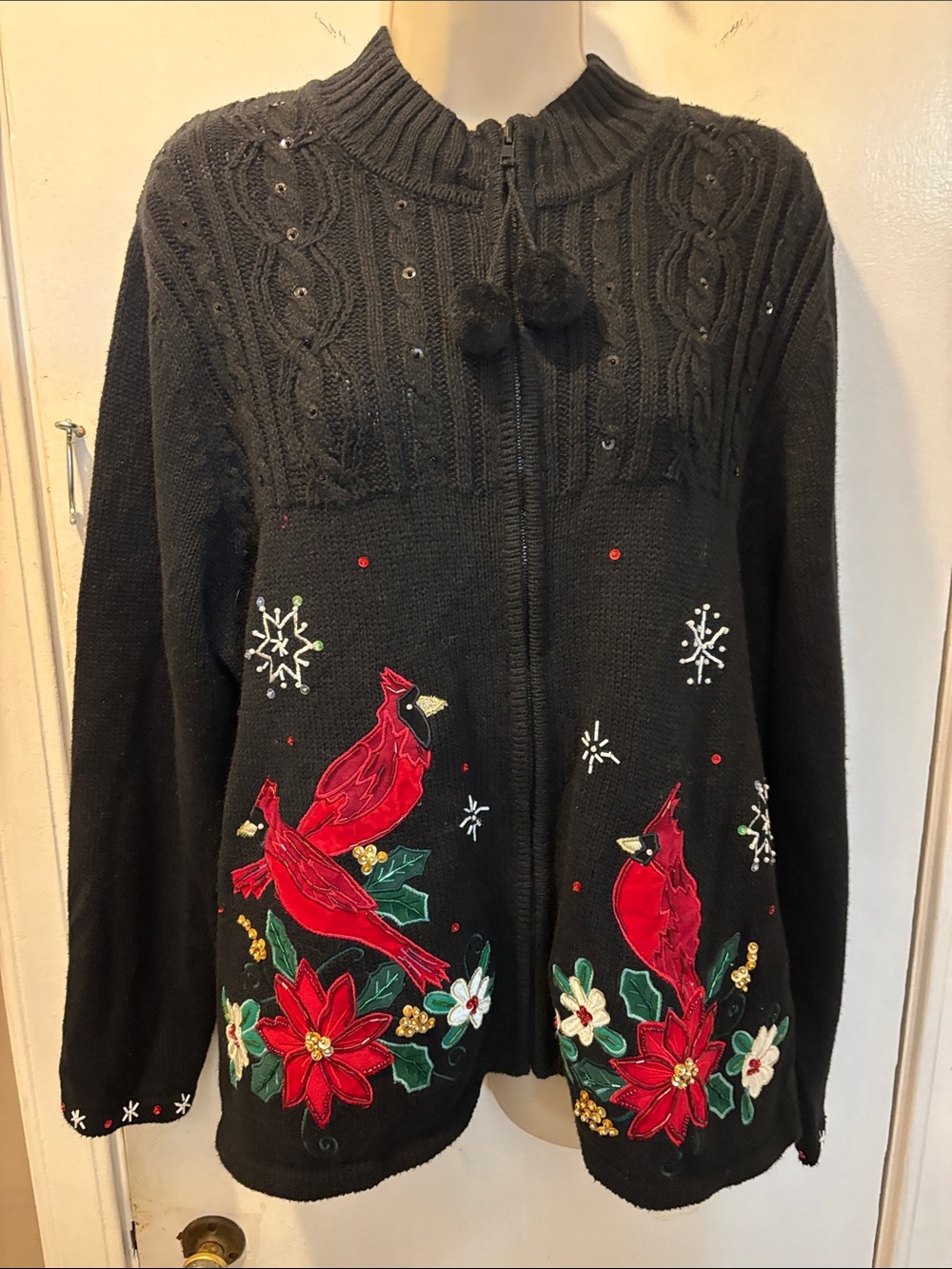 Tiara International L Vintage Cardinal Christmas Zip‑Front Sweater 26-467